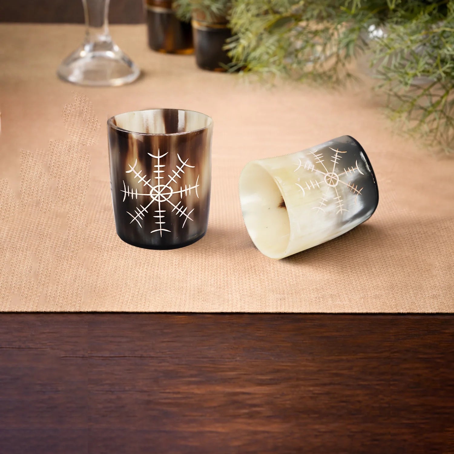 Whiskey Shot Cups Set Nordic Compass Pattern Real Ox Horn 6.5 oz, Pack 4, 8 & 12