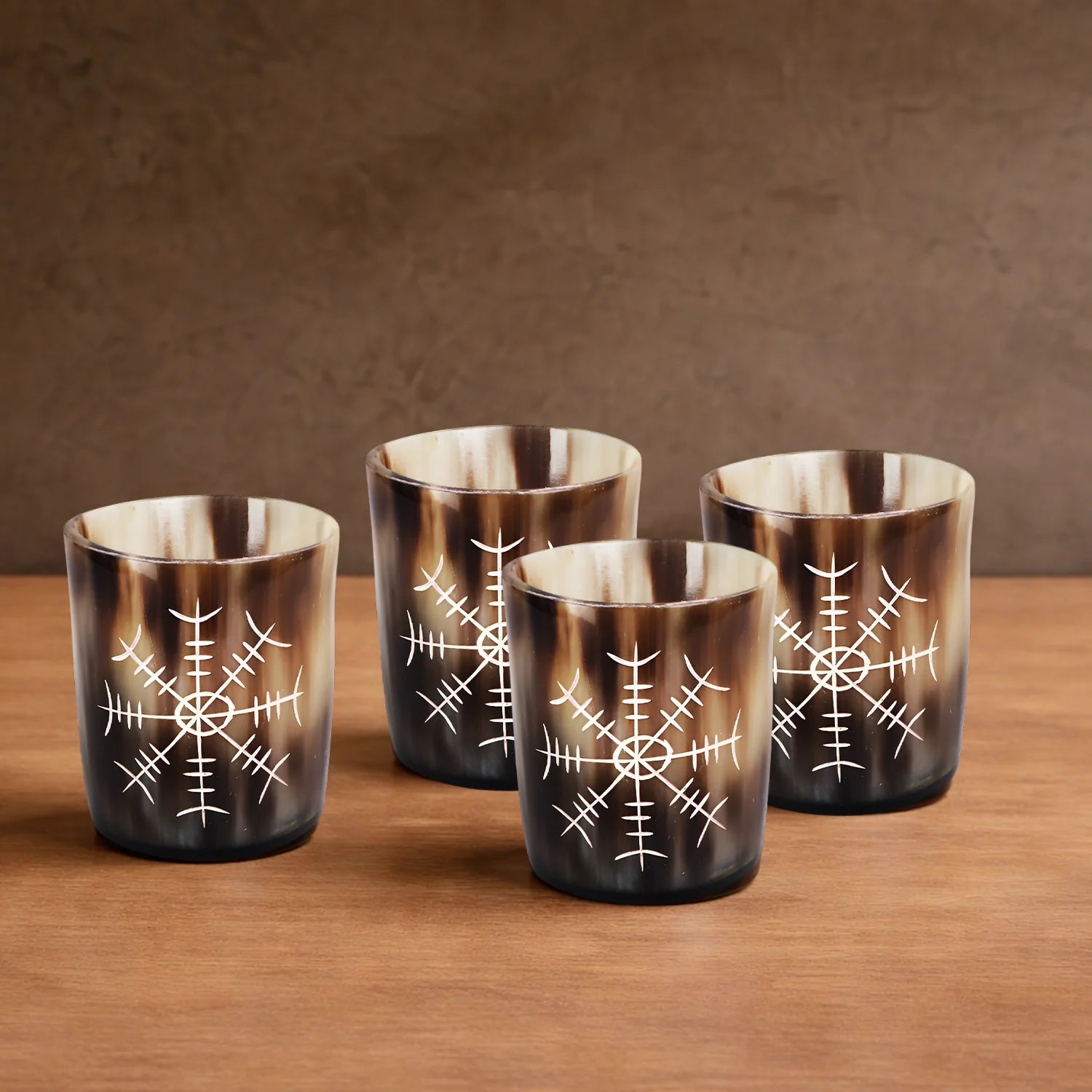 Whiskey Shot Cups Set Nordic Compass Pattern Real Ox Horn 6.5 oz, Pack 4, 8 & 12