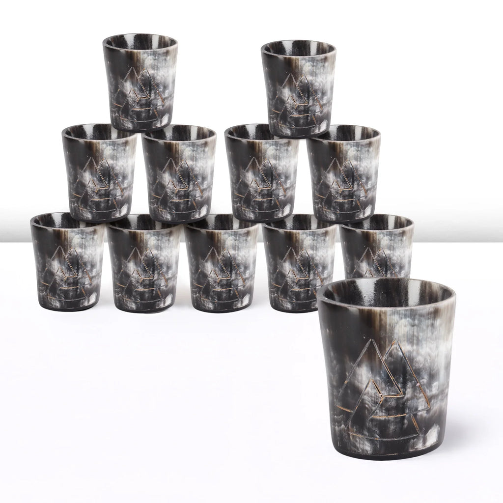 Whiskey Shot Cups Set Odin Pattern Real Ox Horn 6.5 oz, Pack 4, 8 & 12