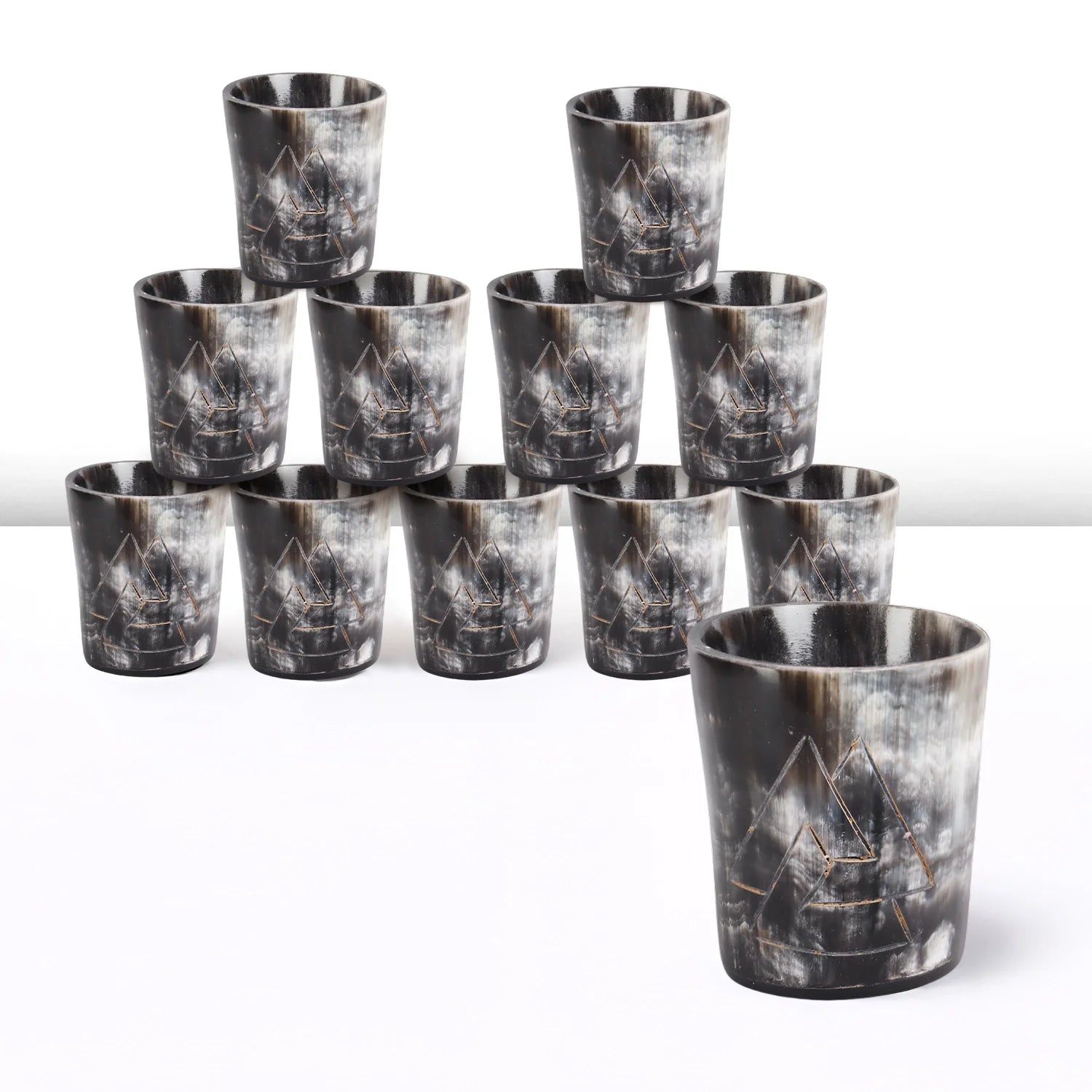 Whiskey Shot Cups Set Odin Pattern Real Ox Horn 6.5 oz, Pack 4, 8 & 12