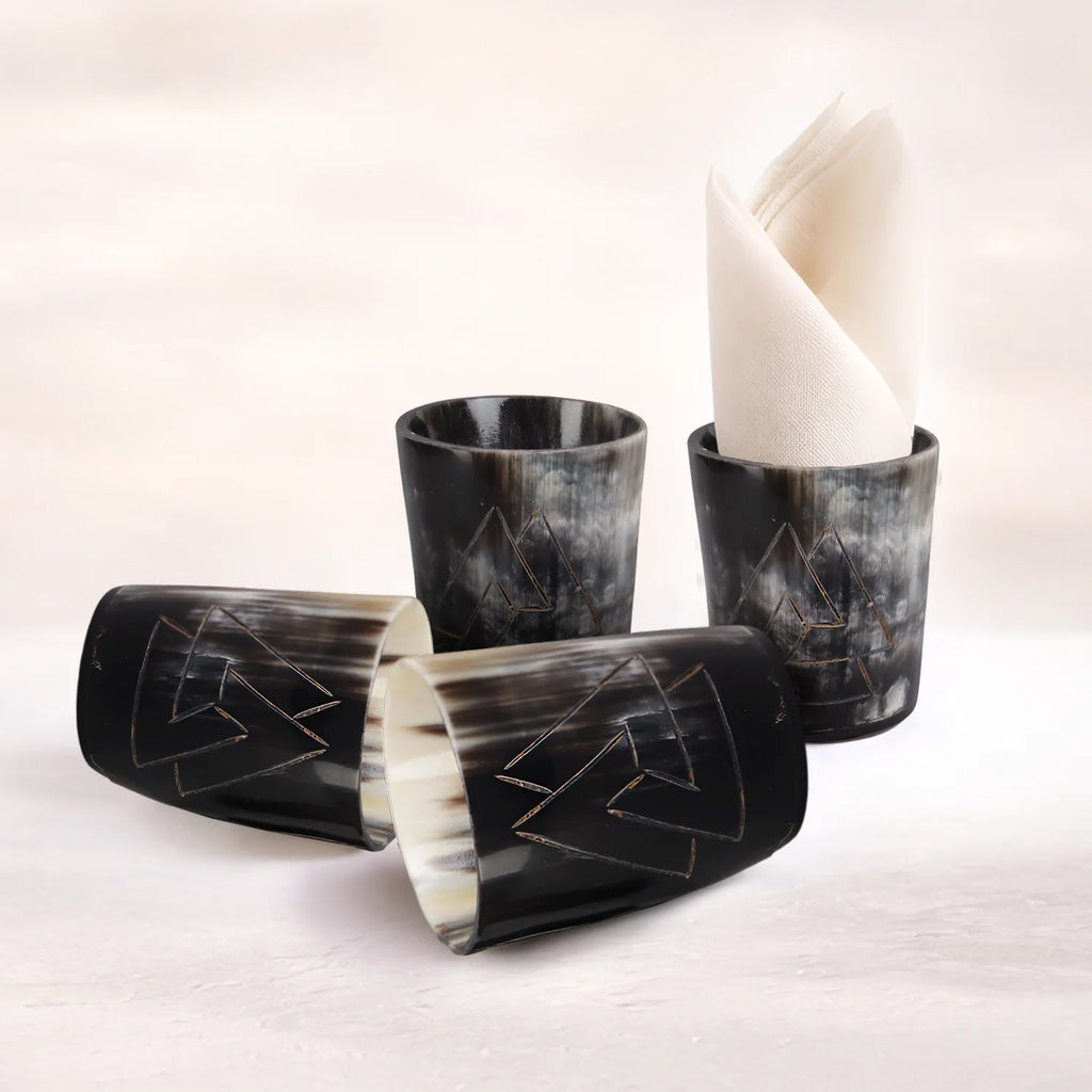 Whiskey Shot Cups Set Odin Pattern Real Ox Horn 6.5 oz, Pack 4, 8 & 12