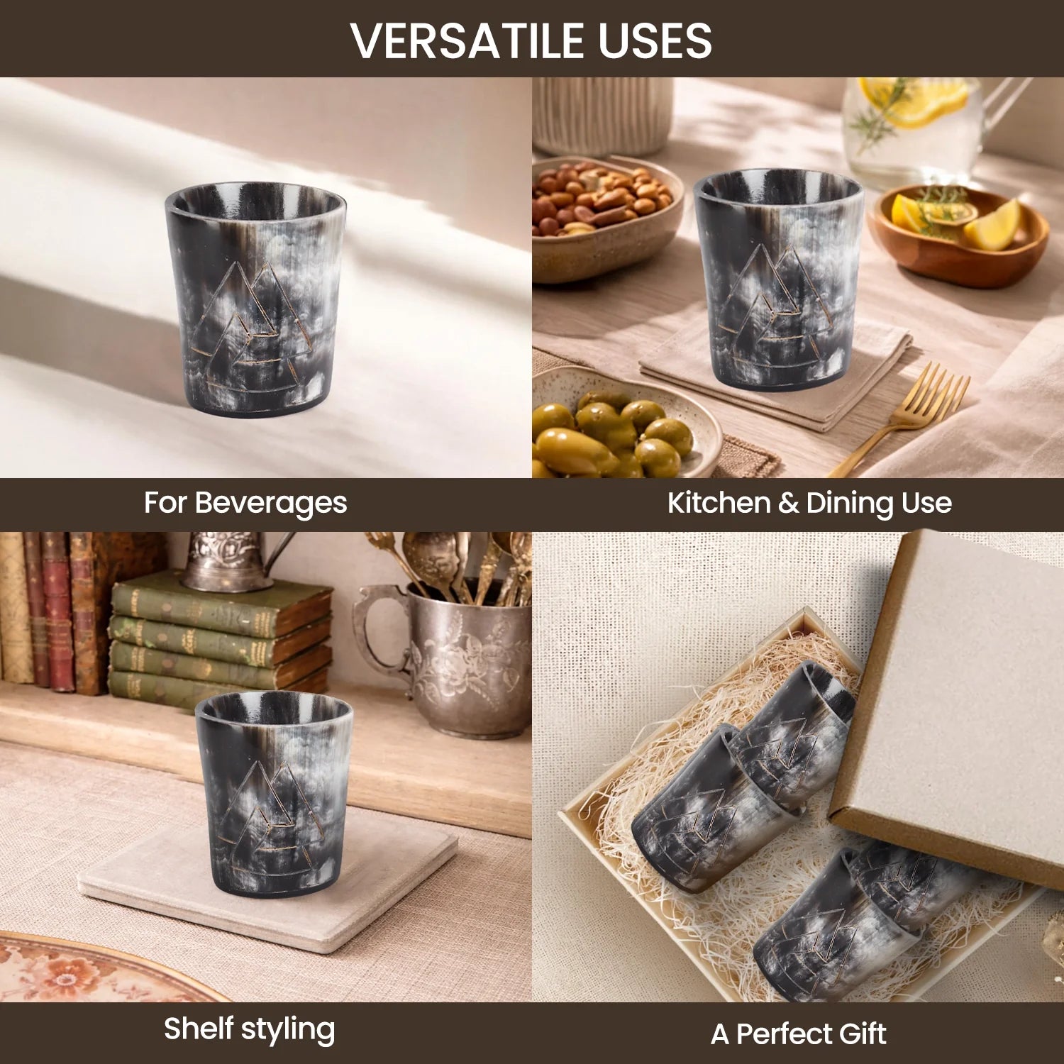 Whiskey Shot Cups Set Odin Pattern Real Ox Horn 6.5 oz, Pack 4, 8 & 12