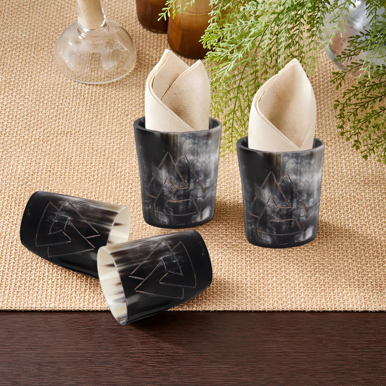 Whiskey Shot Cups Set Odin Pattern Real Ox Horn 6.5 oz, Pack 4, 8 & 12