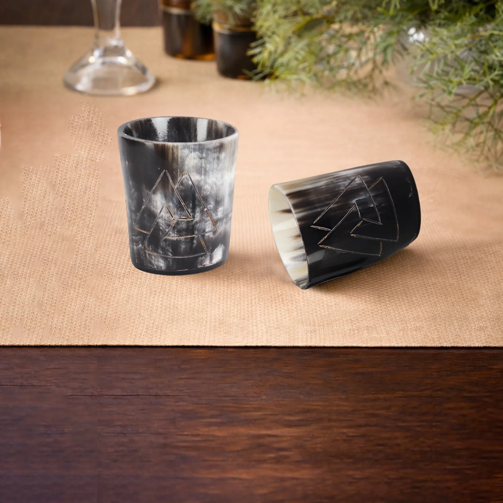 Whiskey Shot Cups Set Odin Pattern Real Ox Horn 6.5 oz, Pack 4, 8 & 12