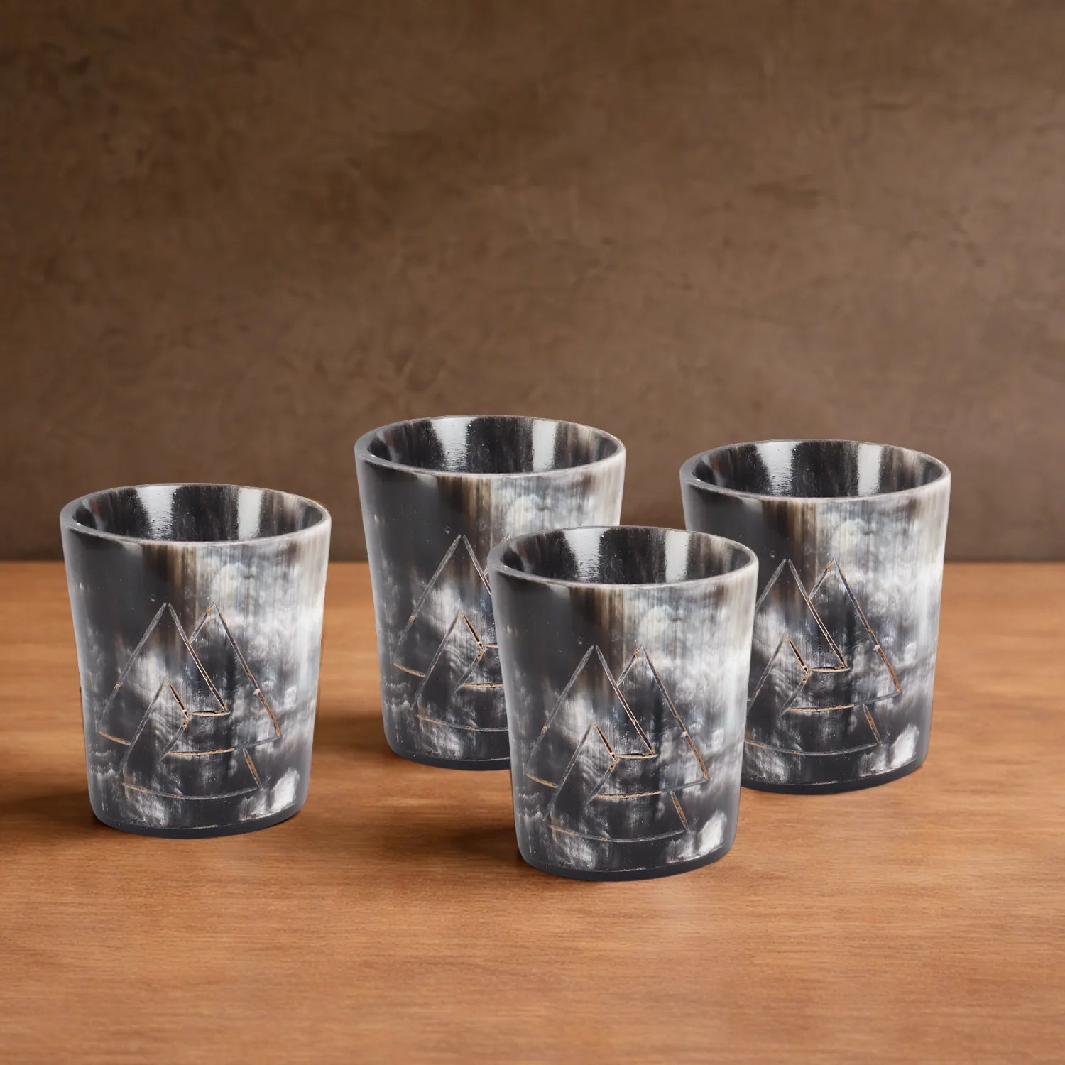 Whiskey Shot Cups Set Odin Pattern Real Ox Horn 6.5 oz, Pack 4, 8 & 12