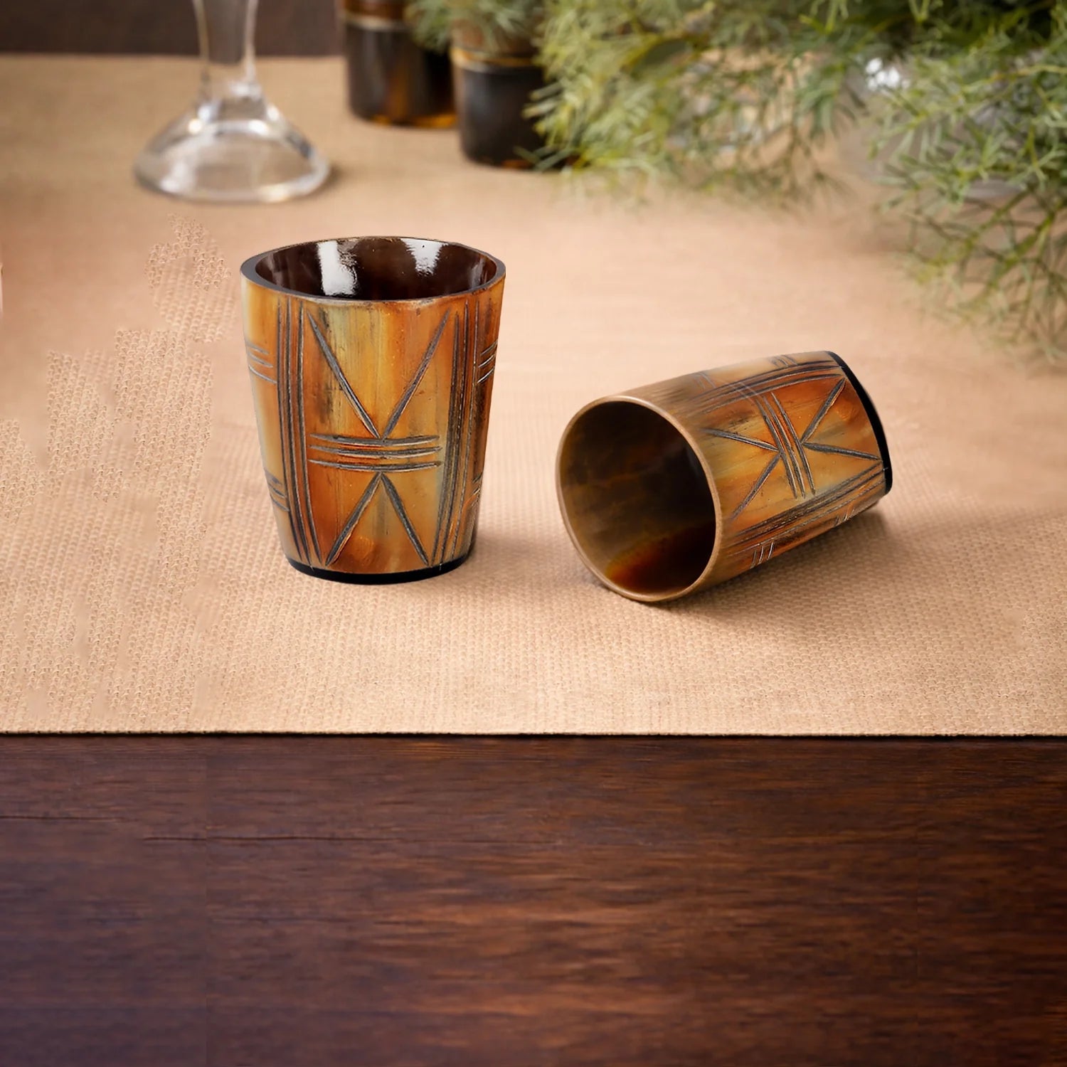 Whiskey Shot Cups Set Crossroad Pattern Real Ox Horn 6.5 oz, Pack 4, 8 & 12