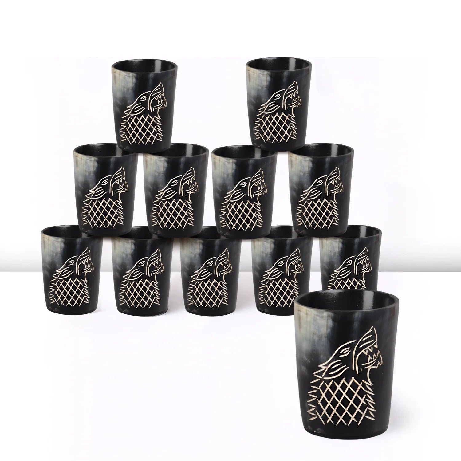 Whiskey Shot Cups Set Viking Wolf Pattern Real Ox Horn 6.5 oz, Pack 4, 8 & 12