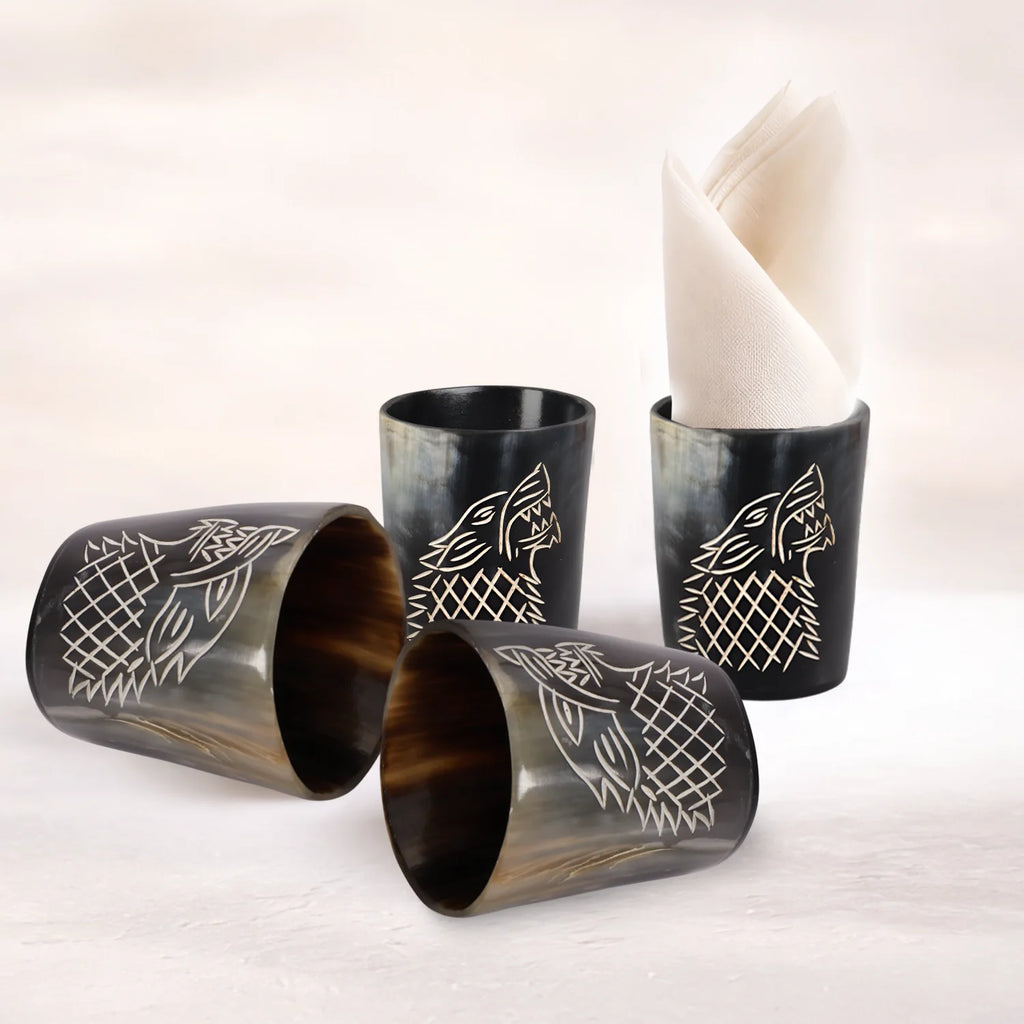 Whiskey Shot Cups Set Viking Wolf Pattern Real Ox Horn 6.5 oz, Pack 4, 8 & 12