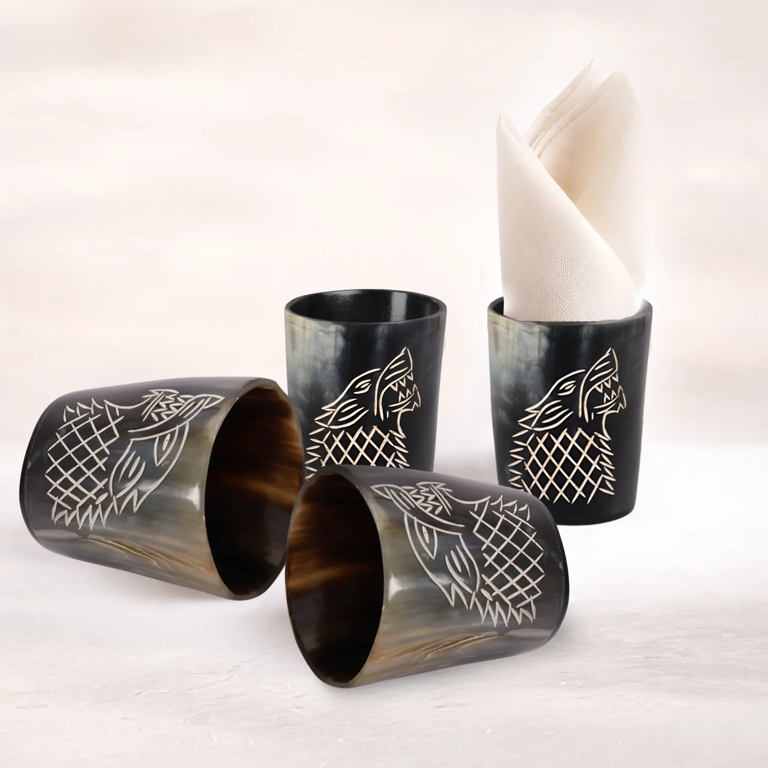 Whiskey Shot Cups Set Viking Wolf Pattern Real Ox Horn 6.5 oz, Pack 4, 8 & 12