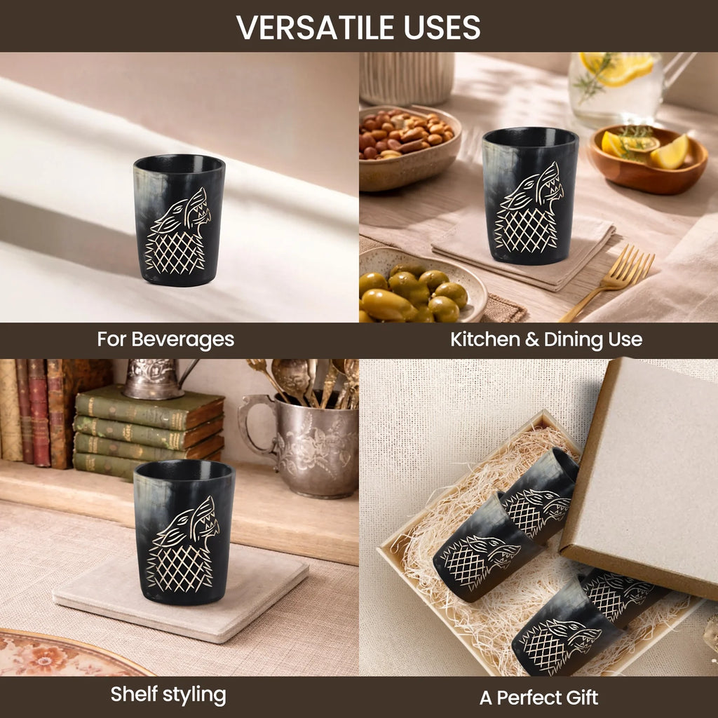 Whiskey Shot Cups Set Viking Wolf Pattern Real Ox Horn 6.5 oz, Pack 4, 8 & 12