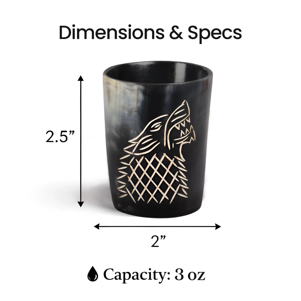 Whiskey Shot Cups Set Viking Wolf Pattern Real Ox Horn 6.5 oz, Pack 4, 8 & 12