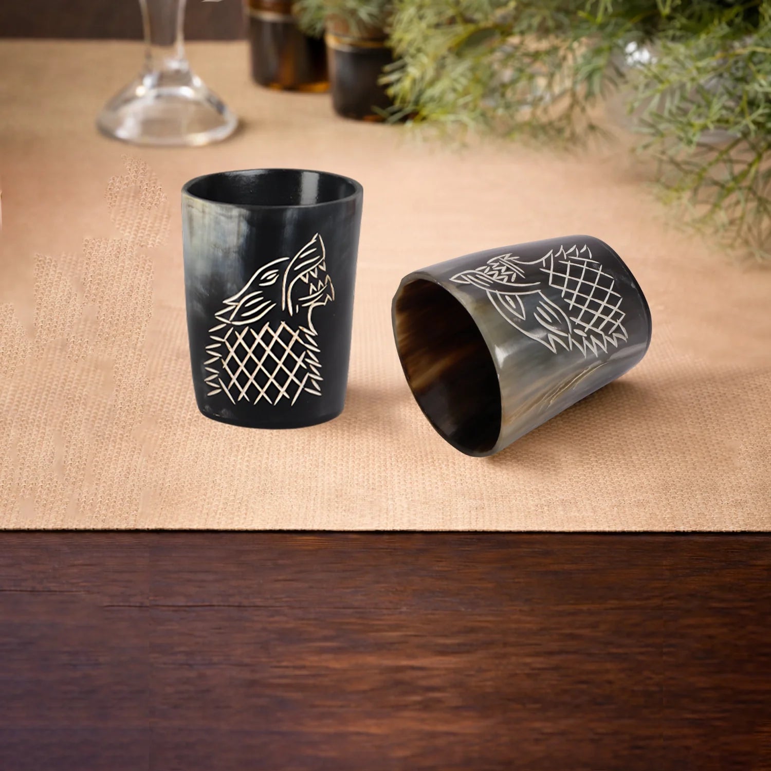 Whiskey Shot Cups Set Viking Wolf Pattern Real Ox Horn 6.5 oz, Pack 4, 8 & 12