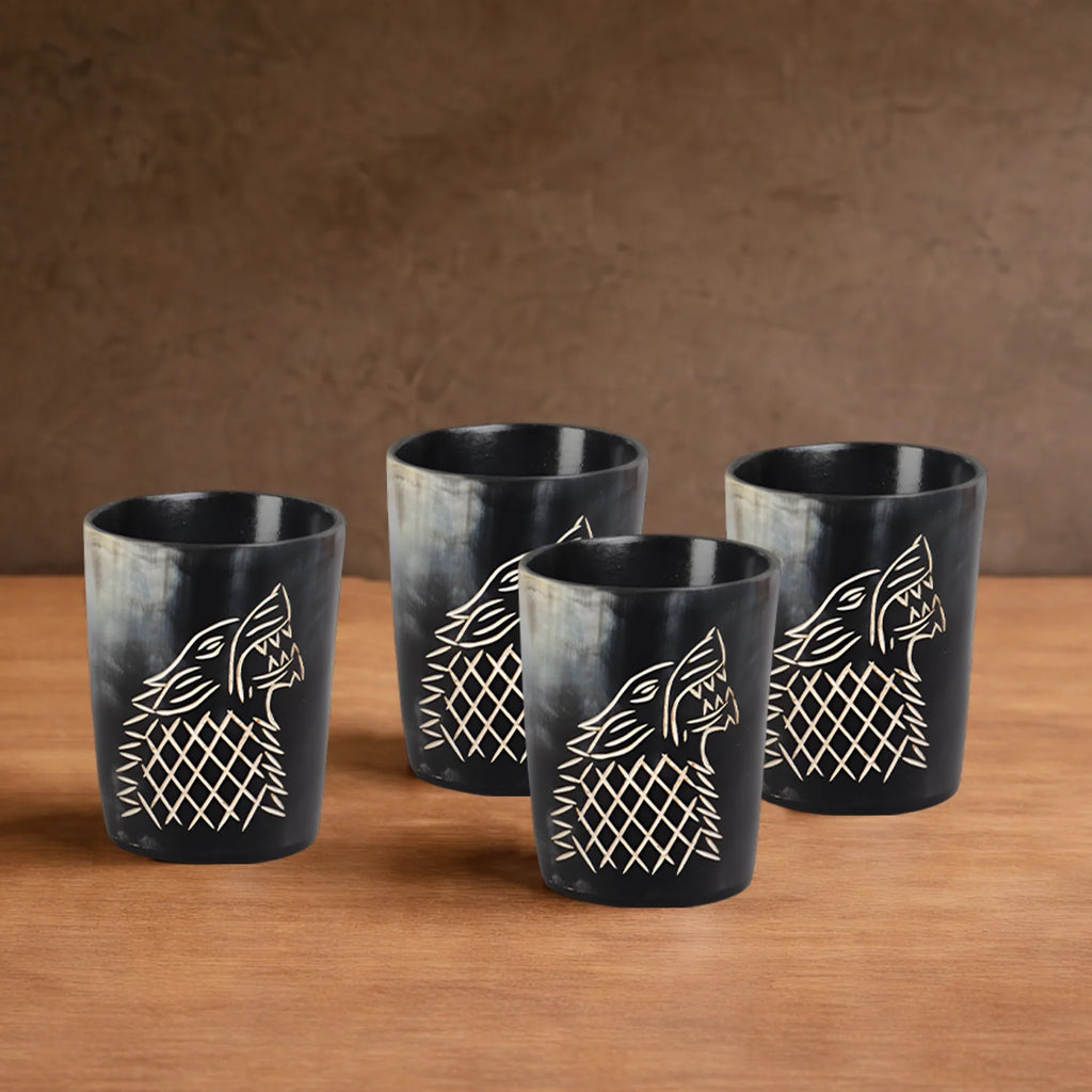 Whiskey Shot Cups Set Viking Wolf Pattern Real Ox Horn 6.5 oz, Pack 4, 8 & 12