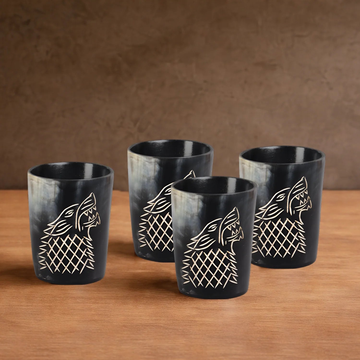 Whiskey Shot Cups Set Viking Wolf Pattern Real Ox Horn 6.5 oz, Pack 4, 8 & 12