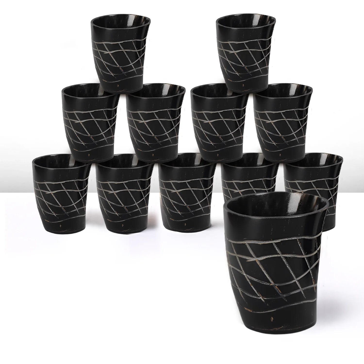 Whiskey Shot Cups Set Web Pattern Real Ox Horn 6.5 oz, Pack 4, 8 & 12