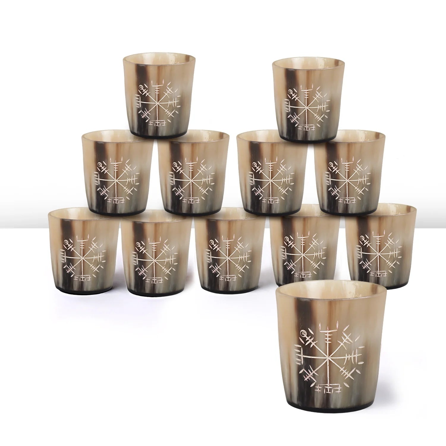 Whiskey Shot Cups Set Wayfinder Pattern Real Ox Horn 6.5 oz, Pack 4, 8 & 12
