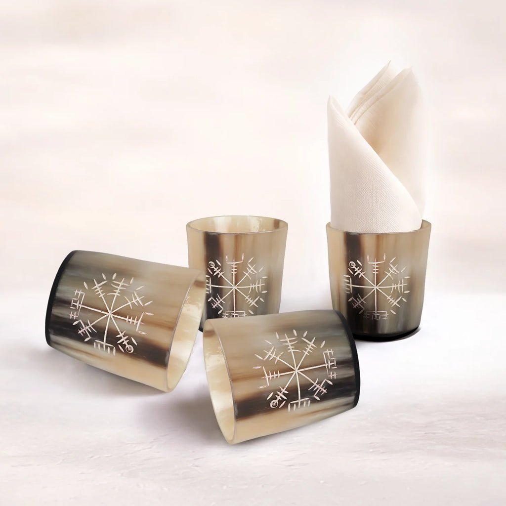 Whiskey Shot Cups Set Wayfinder Pattern Real Ox Horn 6.5 oz, Pack 4, 8 & 12