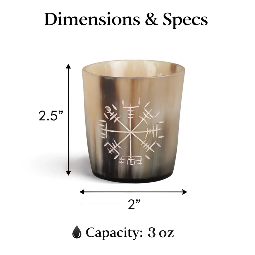 Whiskey Shot Cups Set Wayfinder Pattern Real Ox Horn 6.5 oz, Pack 4, 8 & 12