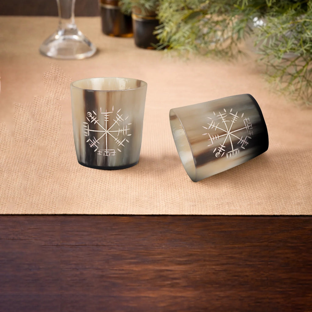 Whiskey Shot Cups Set Wayfinder Pattern Real Ox Horn 6.5 oz, Pack 4, 8 & 12