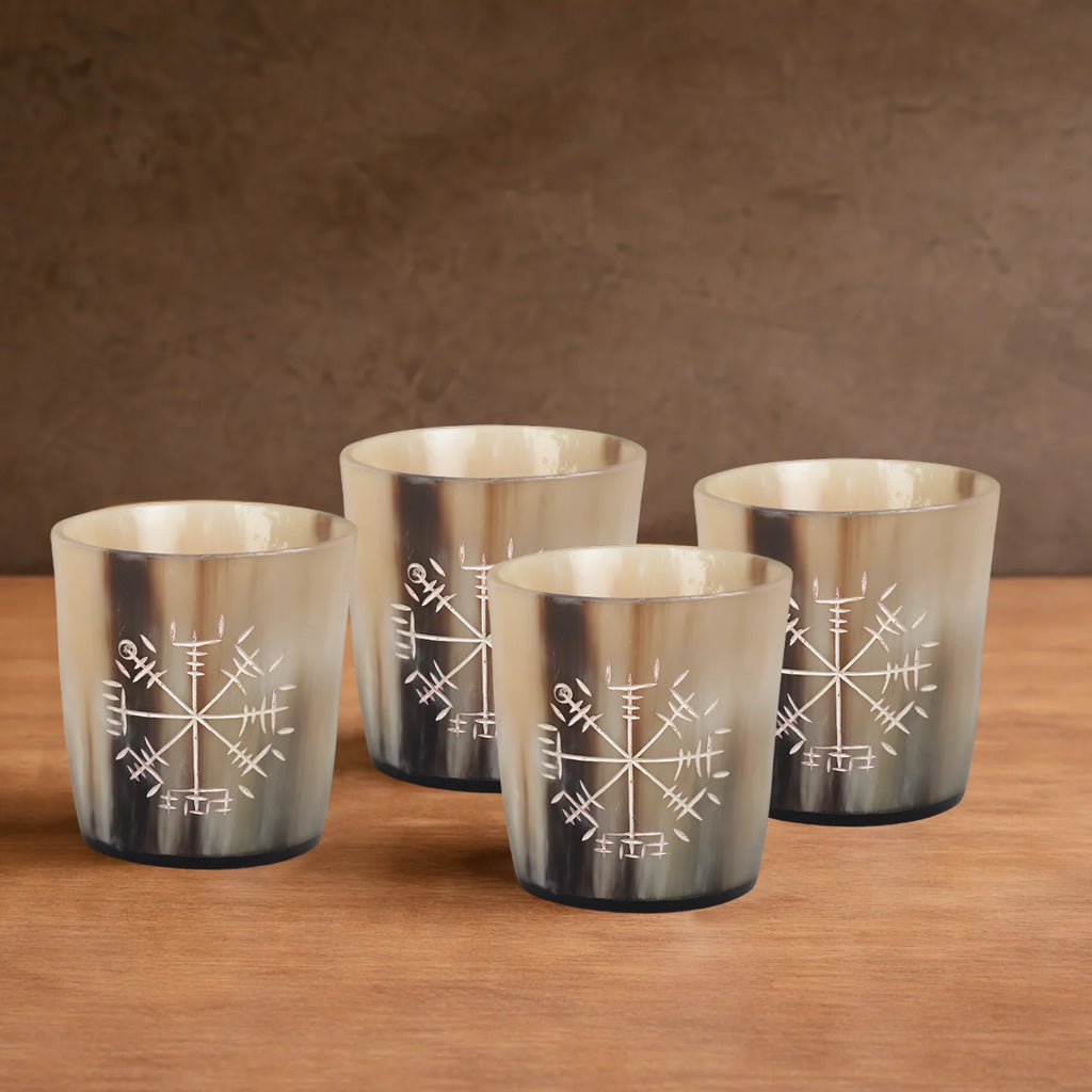 Whiskey Shot Cups Set Wayfinder Pattern Real Ox Horn 6.5 oz, Pack 4, 8 & 12