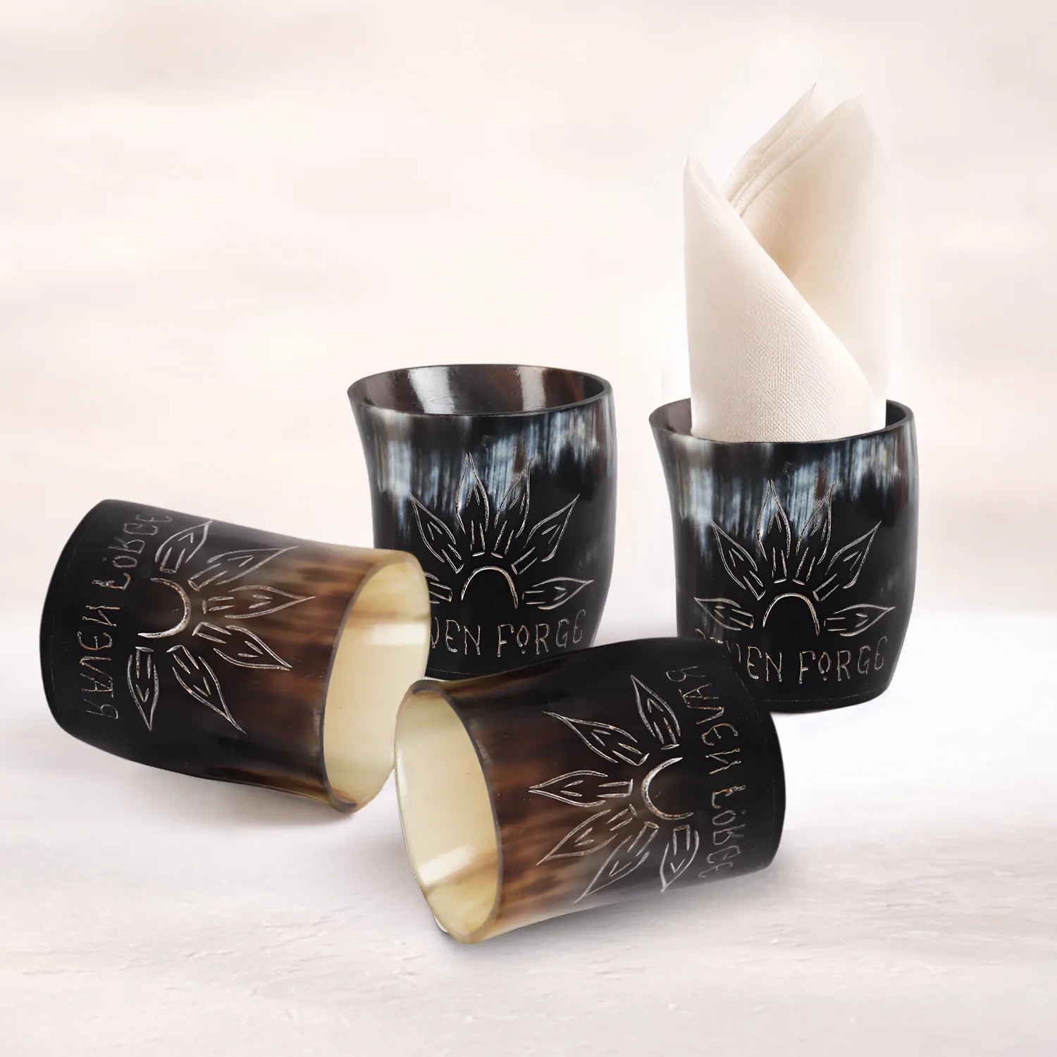 Whiskey Shot Cups Set Sunburst Pattern Real Ox Horn 6.5 oz, Pack 4, 8 & 12