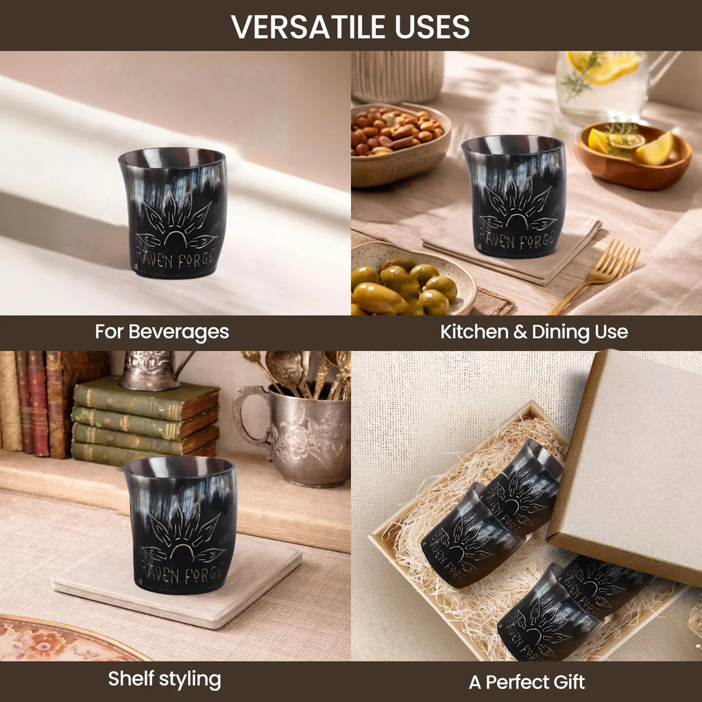 Whiskey Shot Cups Set Sunburst Pattern Real Ox Horn 6.5 oz, Pack 4, 8 & 12