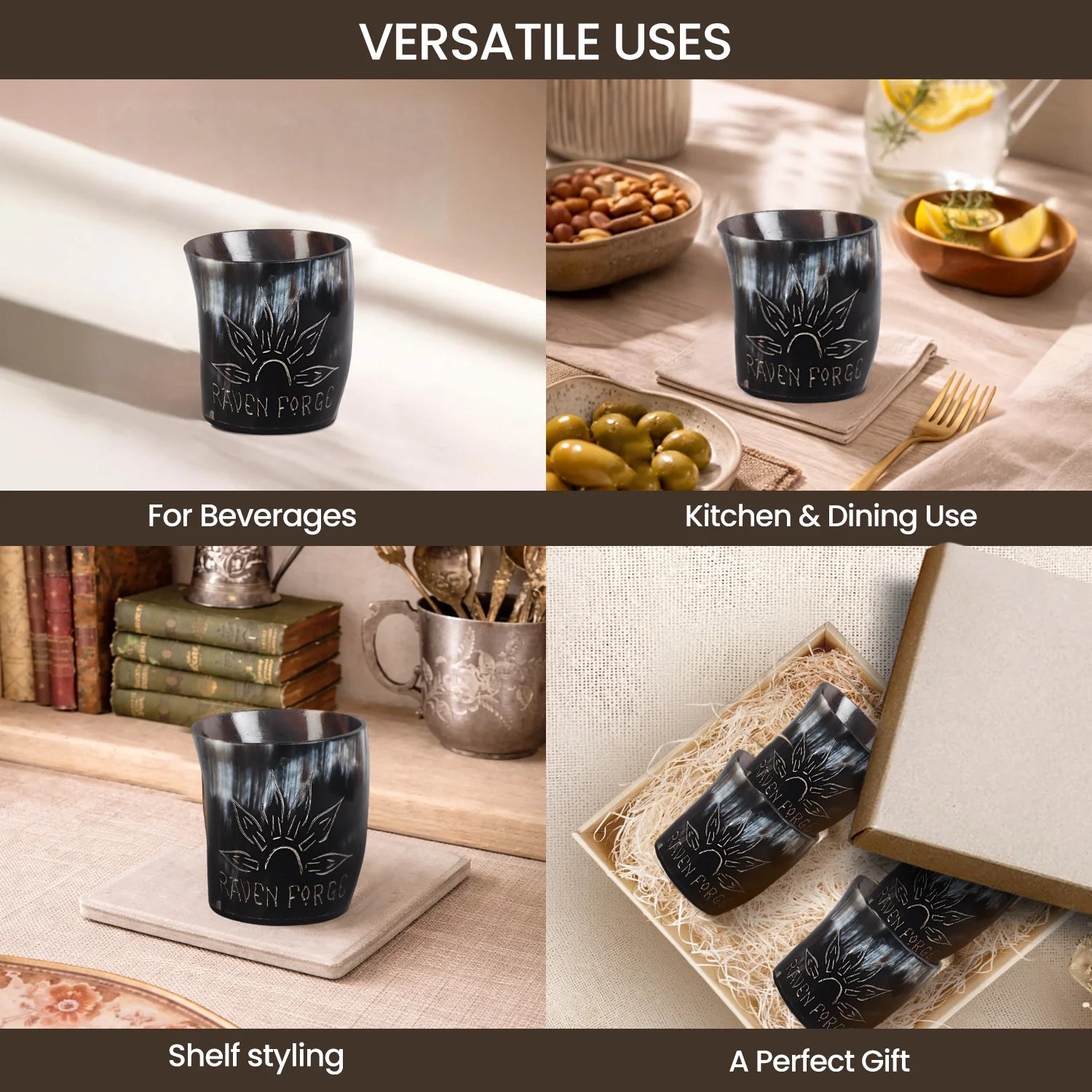 Whiskey Shot Cups Set Sunburst Pattern Real Ox Horn 6.5 oz, Pack 4, 8 & 12