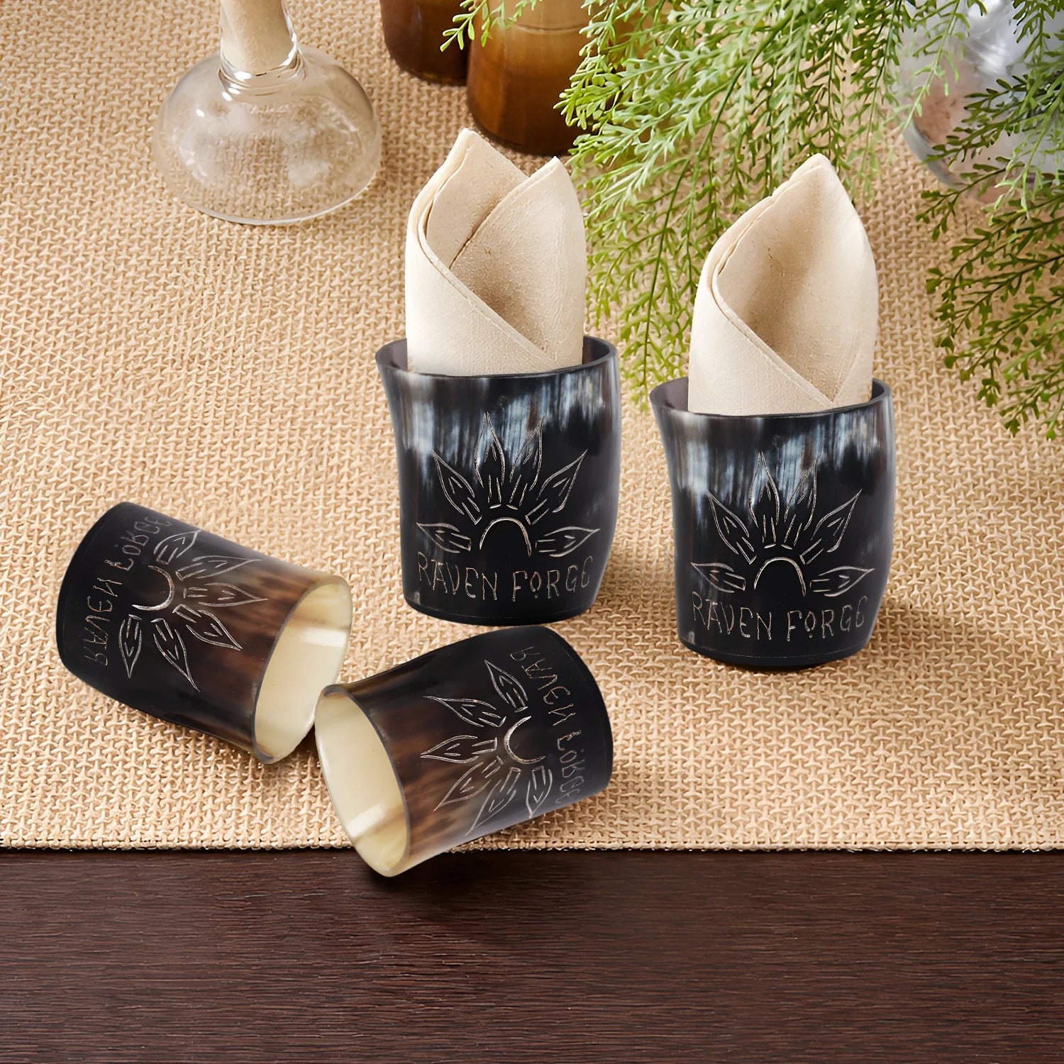 Whiskey Shot Cups Set Sunburst Pattern Real Ox Horn 6.5 oz, Pack 4, 8 & 12