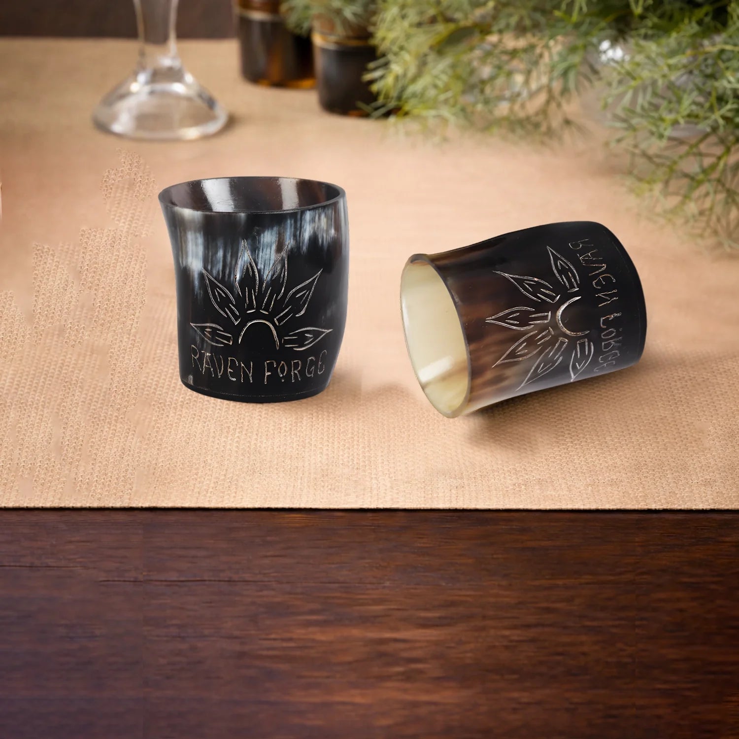 Whiskey Shot Cups Set Sunburst Pattern Real Ox Horn 6.5 oz, Pack 4, 8 & 12