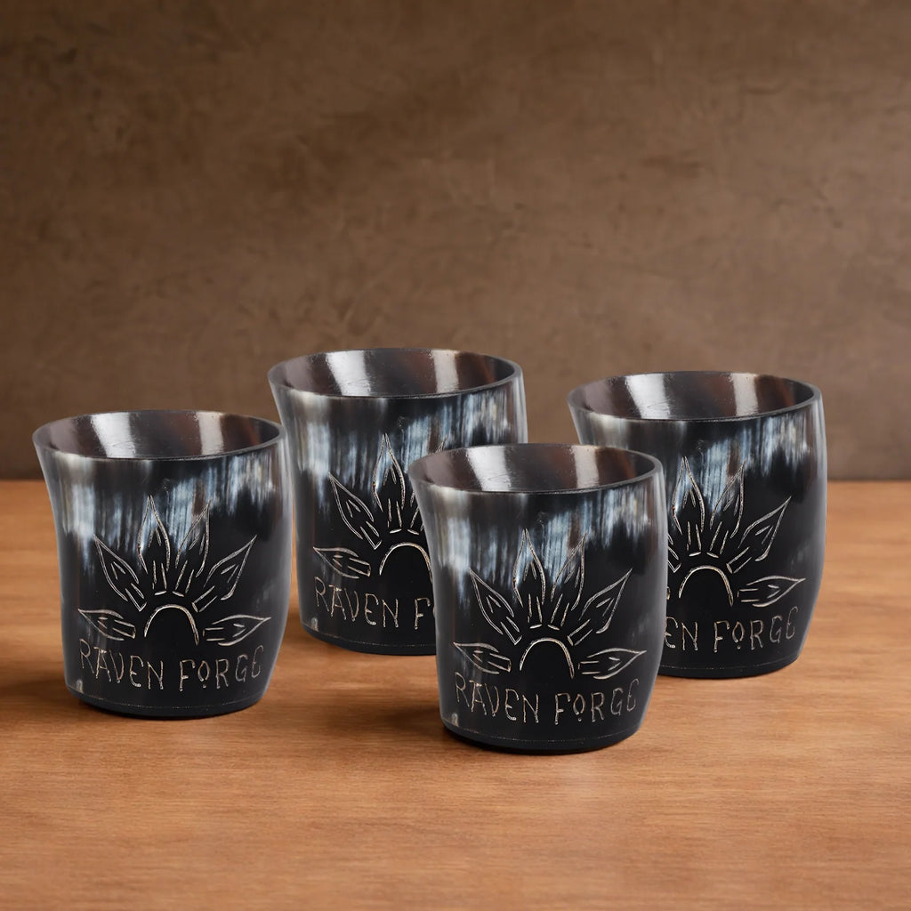Whiskey Shot Cups Set Sunburst Pattern Real Ox Horn 6.5 oz, Pack 4, 8 & 12