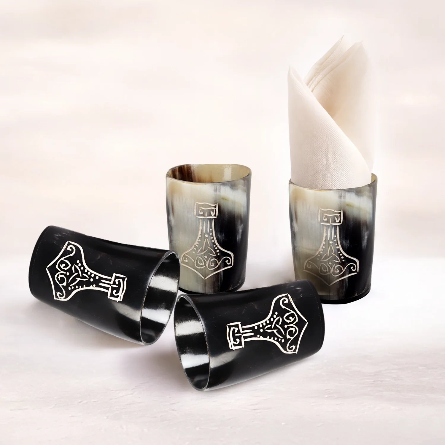 Whiskey Shot Cups Set Nordic Hammer Pattern Real Ox Horn 6.5 oz, Pack 4, 8 & 12