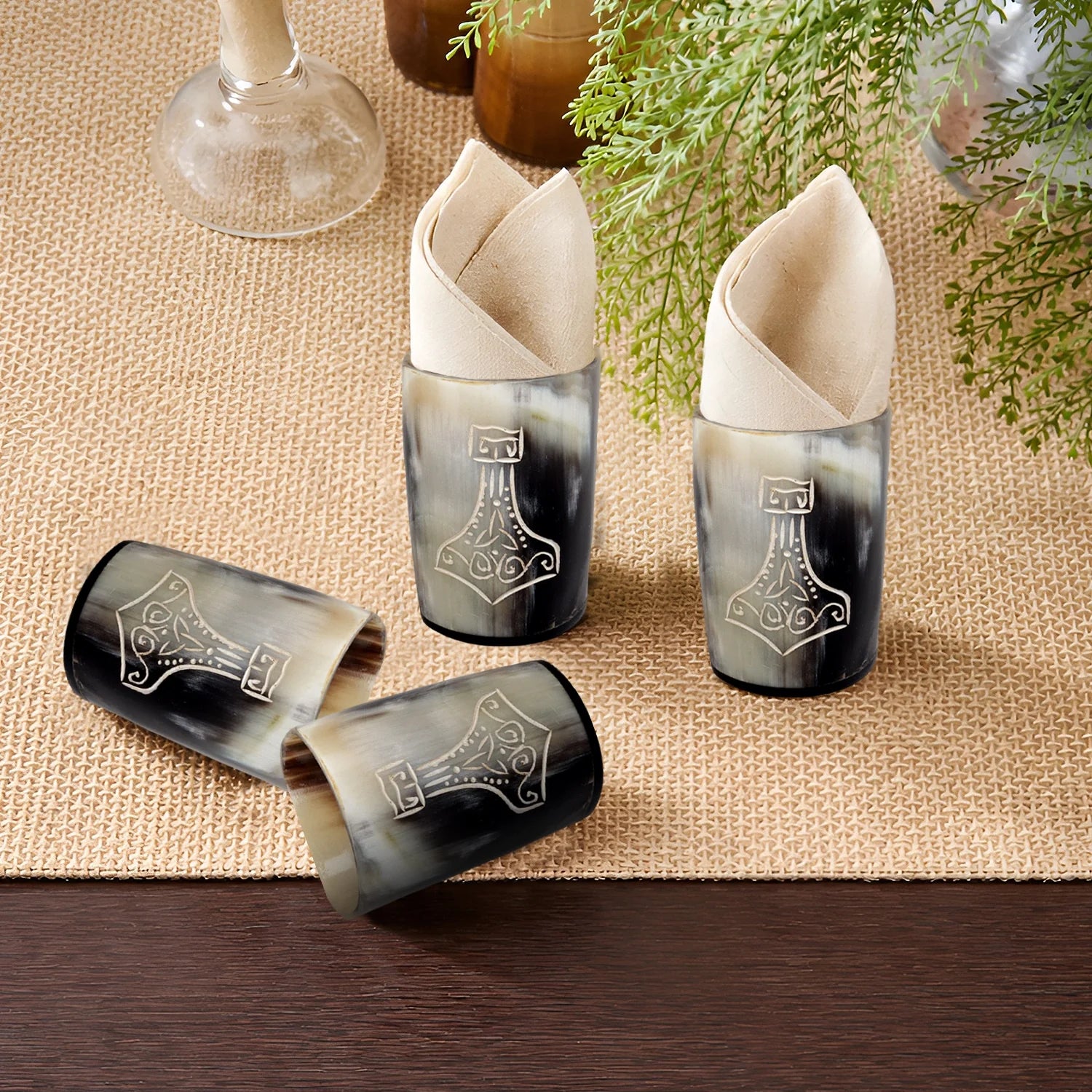 Whiskey Shot Cups Set Nordic Hammer Pattern Real Ox Horn 6.5 oz, Pack 4, 8 & 12