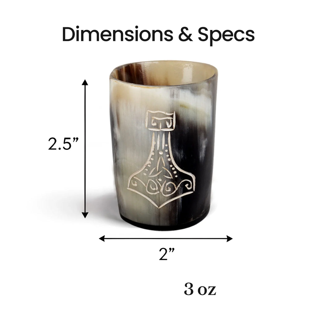 Whiskey Shot Cups Set Nordic Hammer Pattern Real Ox Horn 6.5 oz, Pack 4, 8 & 12