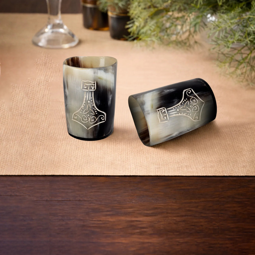 Whiskey Shot Cups Set Nordic Hammer Pattern Real Ox Horn 6.5 oz, Pack 4, 8 & 12