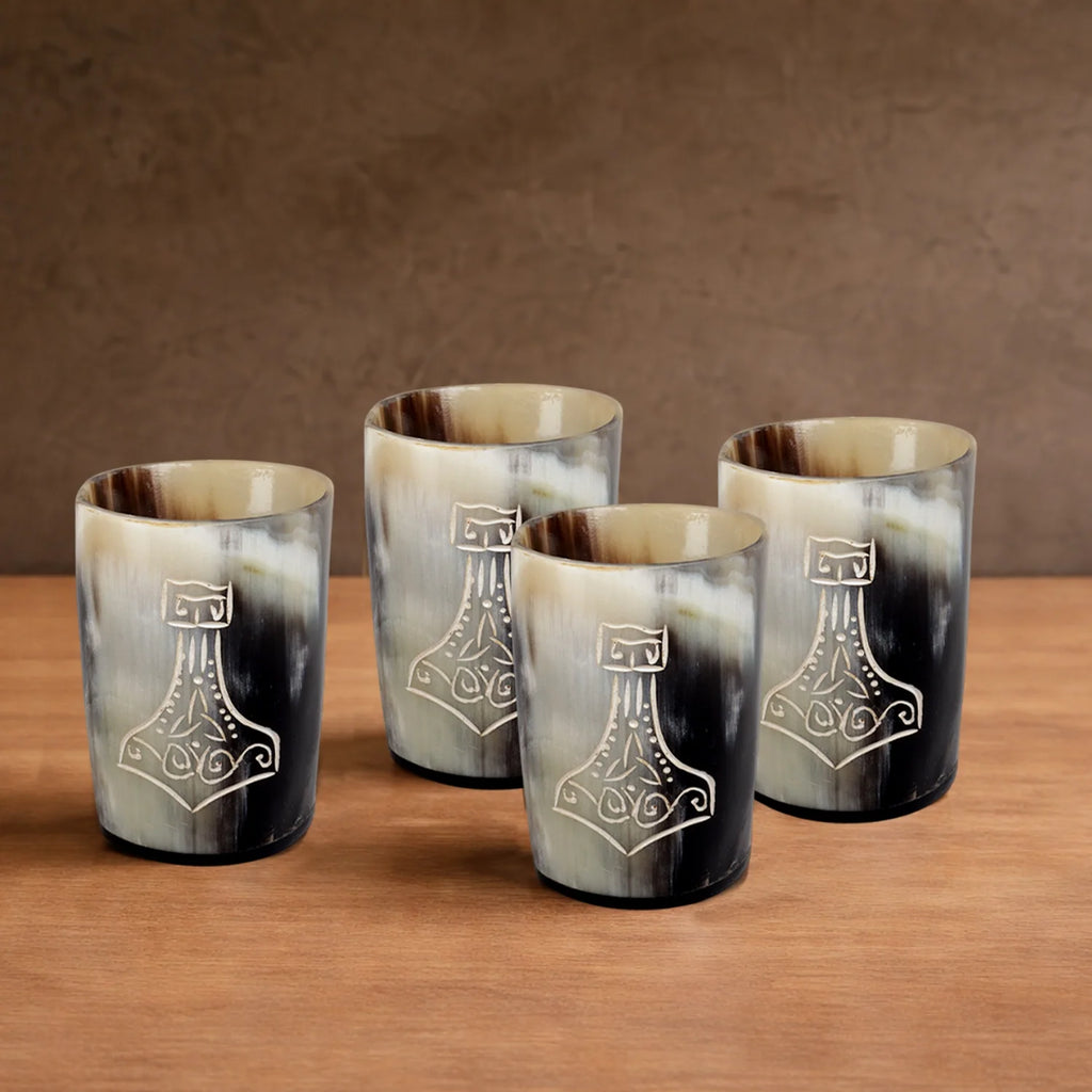 Whiskey Shot Cups Set Nordic Hammer Pattern Real Ox Horn 6.5 oz, Pack 4, 8 & 12