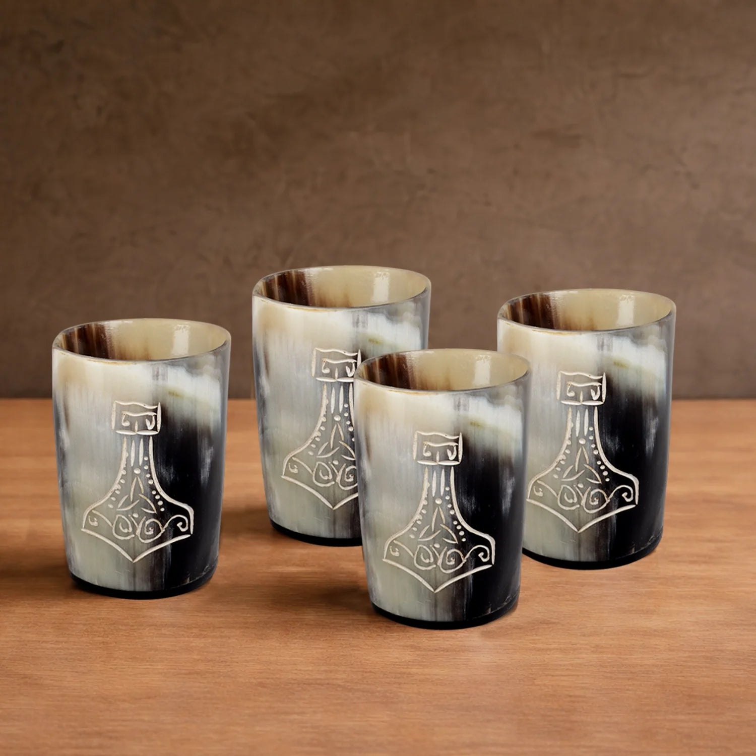 Whiskey Shot Cups Set Nordic Hammer Pattern Real Ox Horn 6.5 oz, Pack 4, 8 & 12