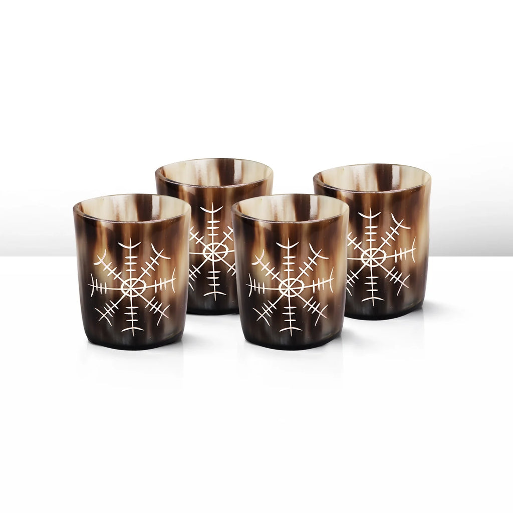 Whiskey Shot Cups Set Nordic Compass Pattern Real Ox Horn 6.5 oz, Pack 4, 8 & 12