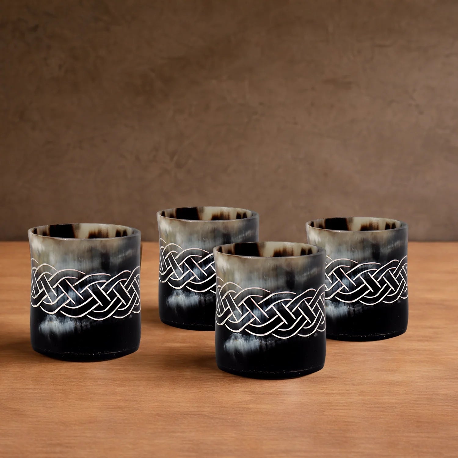 Whiskey Shot Cups Set Knot Pattern Real Ox Horn 6.5 oz, Pack 4, 8 & 12