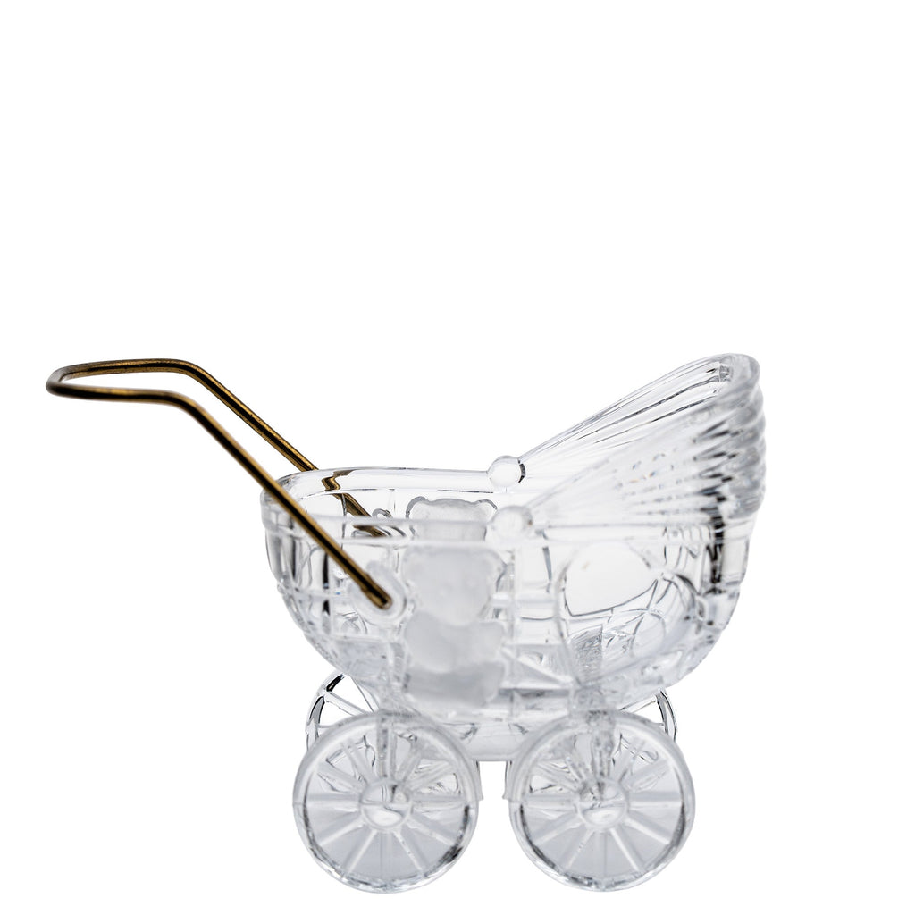 German 24% Lead Crystal Baby Carriage - Brass Handle & Bear Motif