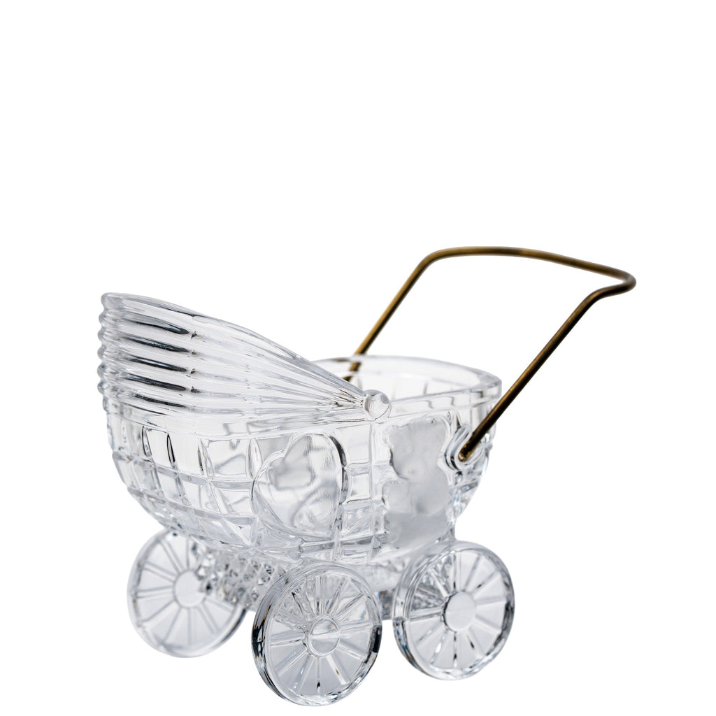 German 24% Lead Crystal Baby Carriage - Brass Handle & Bear Motif