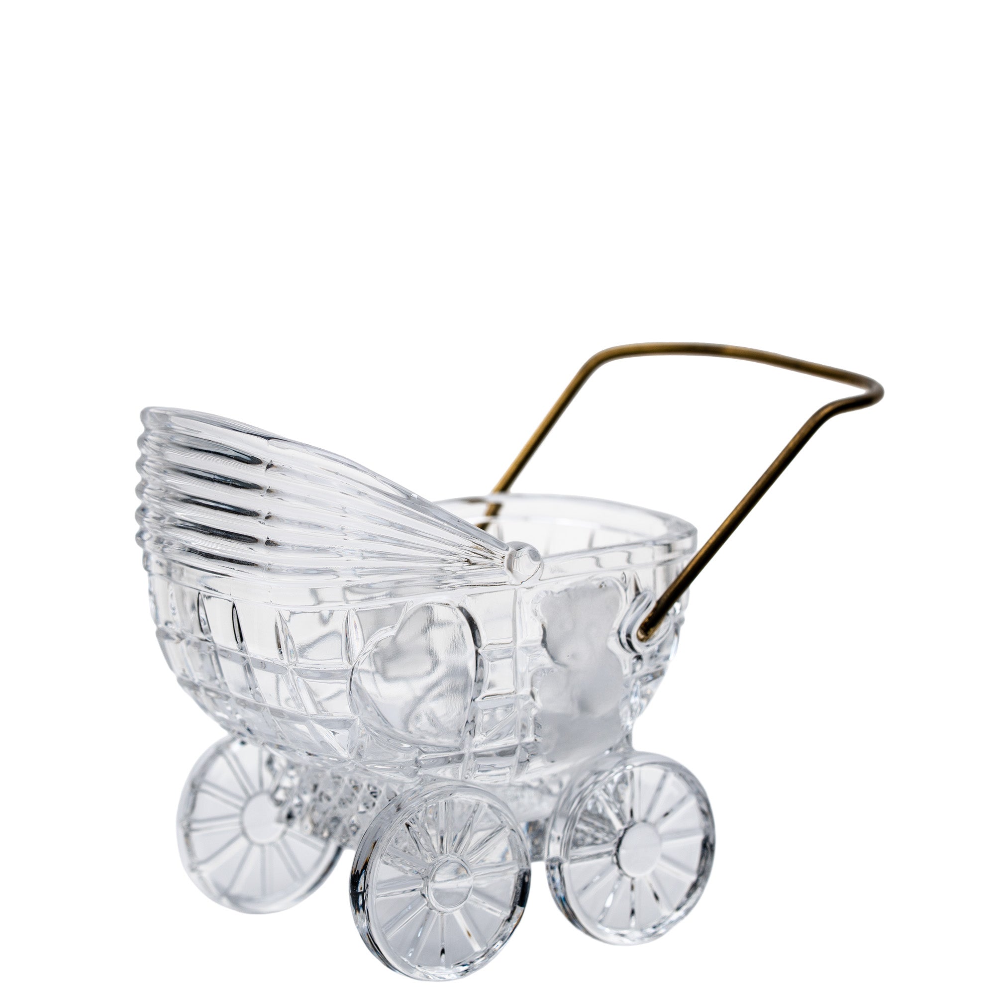 German 24% Lead Crystal Baby Carriage - Brass Handle & Bear Motif