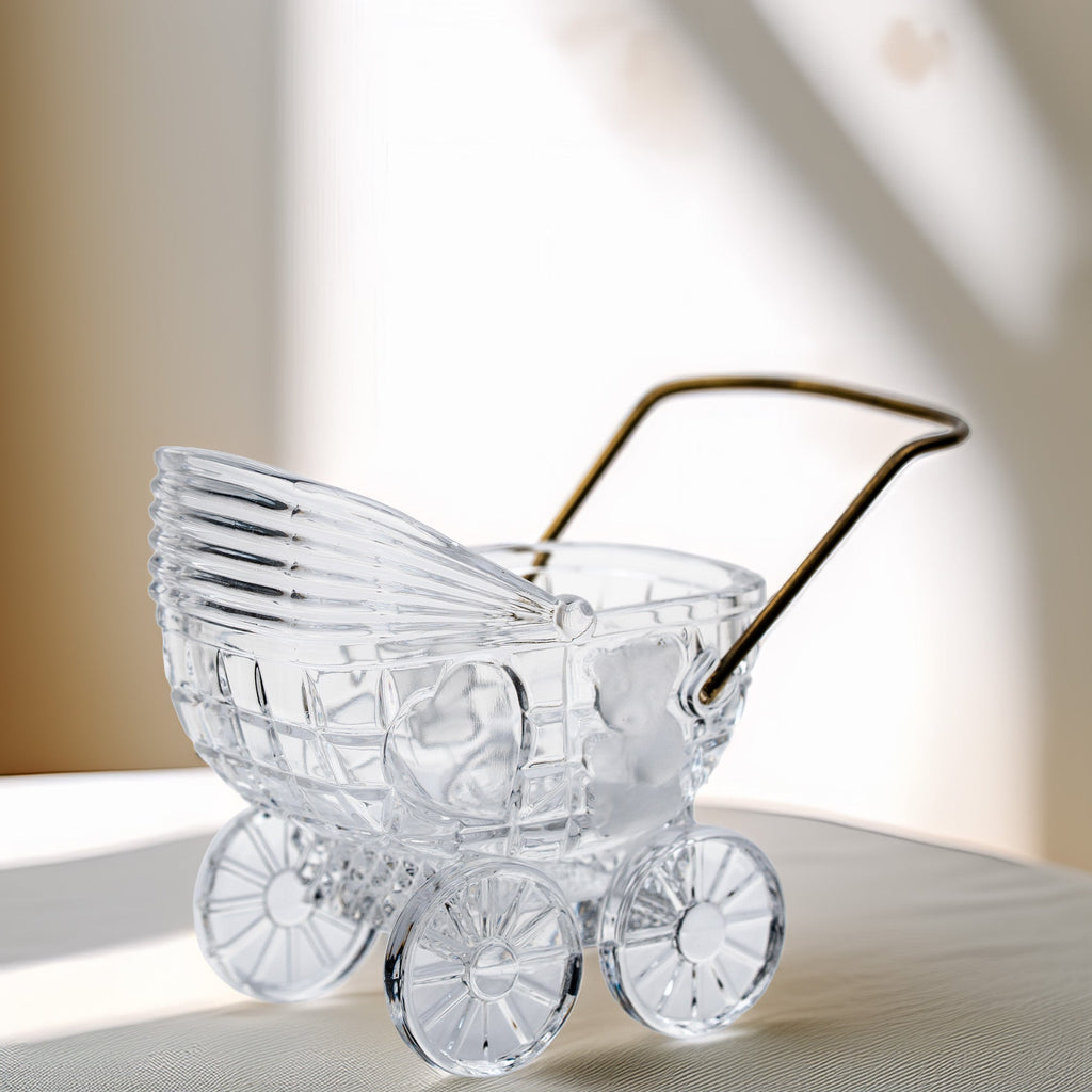 German 24% Lead Crystal Baby Carriage - Brass Handle & Bear Motif