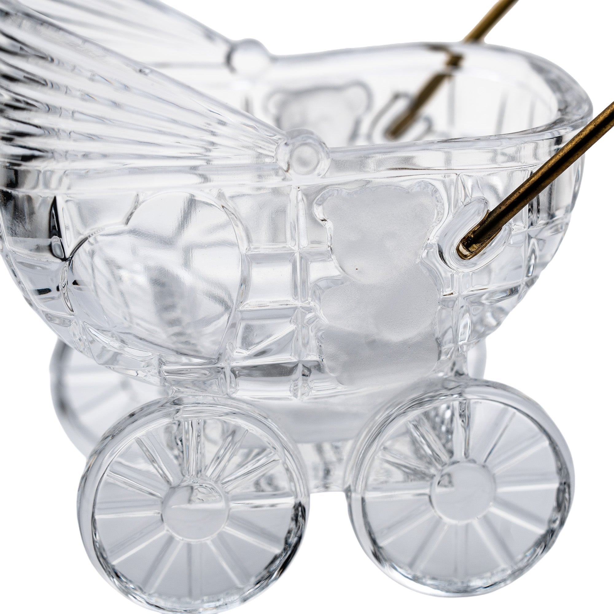 German 24% Lead Crystal Baby Carriage - Brass Handle & Bear Motif