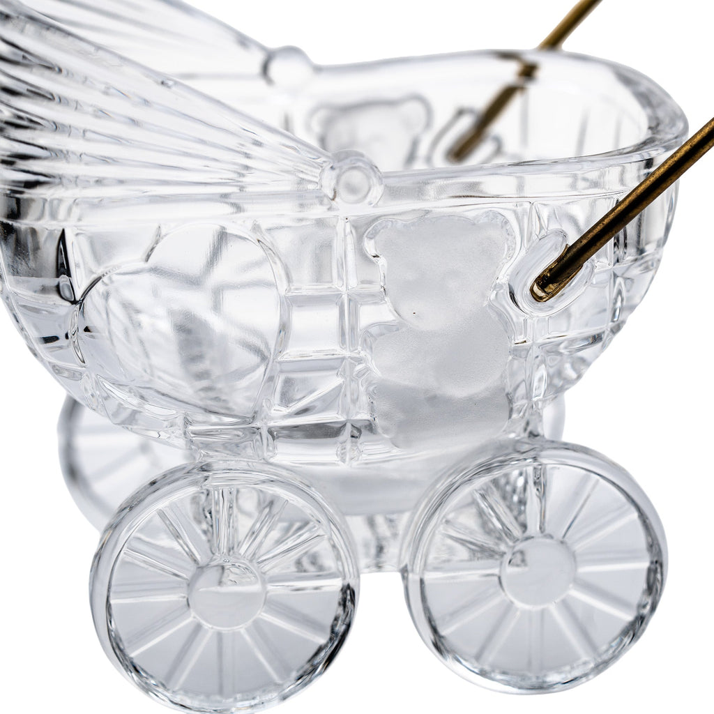 German 24% Lead Crystal Baby Carriage - Brass Handle & Bear Motif
