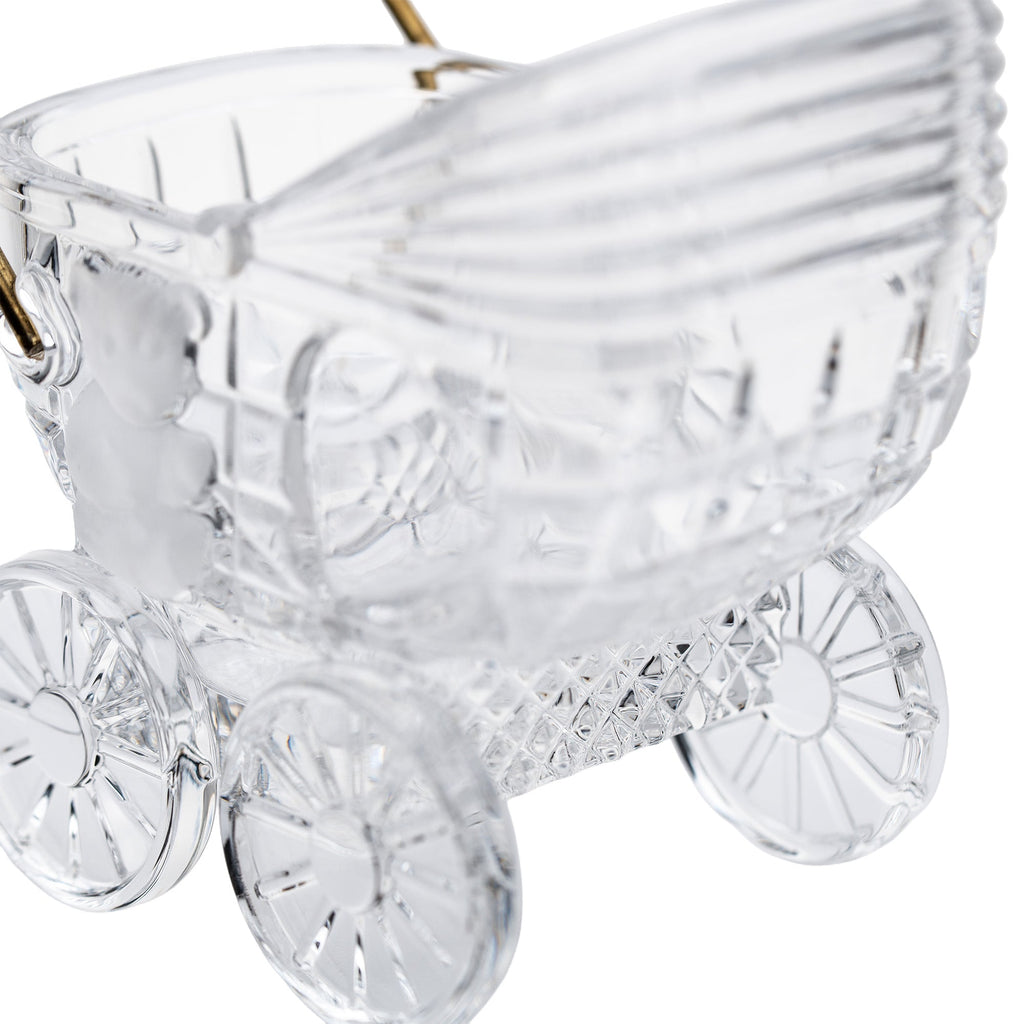 German 24% Lead Crystal Baby Carriage - Brass Handle & Bear Motif
