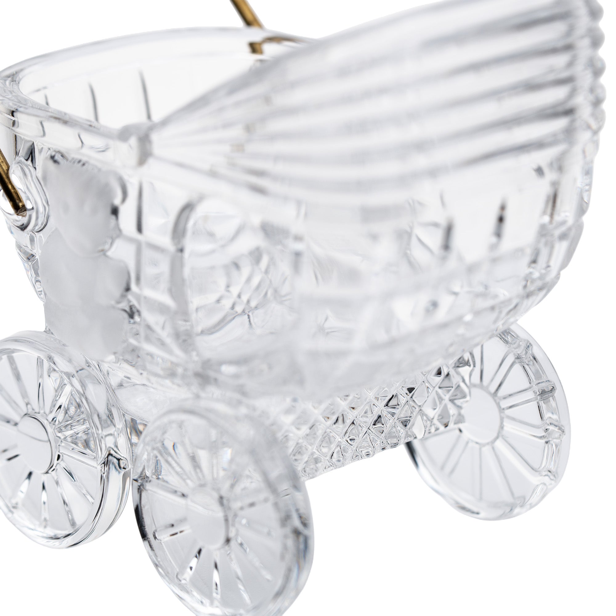 German 24% Lead Crystal Baby Carriage - Brass Handle & Bear Motif