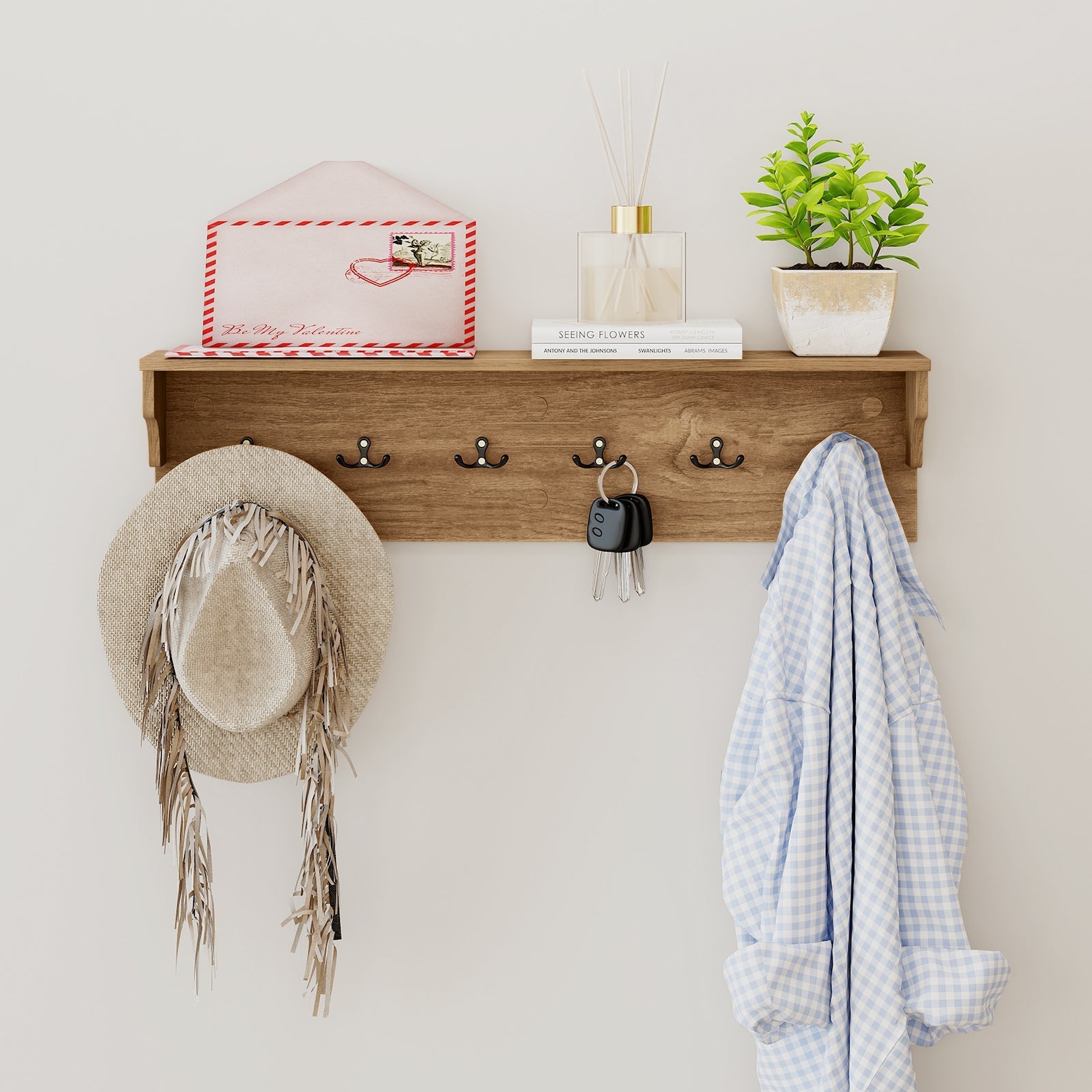 Wall Hooks with Shelf 31.5inch Wooden Coat Rack with 6 Hooks for Hats Towels Purses Robes