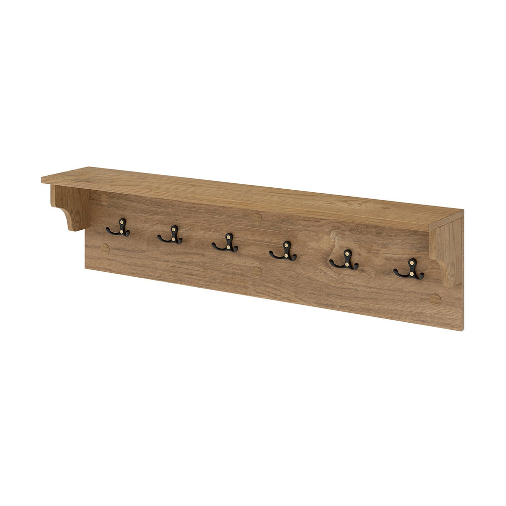 Wall Hooks with Shelf 31.5inch Wooden Coat Rack with 6 Hooks for Hats Towels Purses Robes