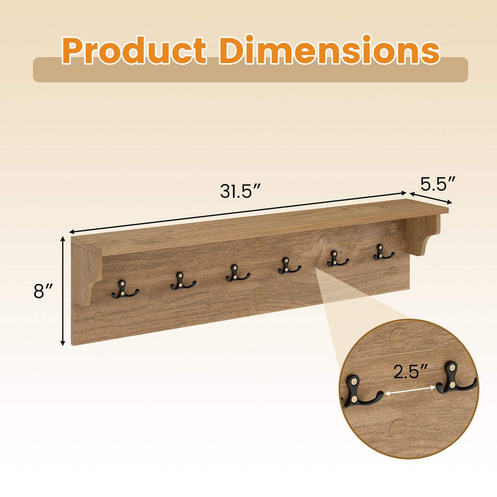 Wall Hooks with Shelf 31.5inch Wooden Coat Rack with 6 Hooks for Hats Towels Purses Robes