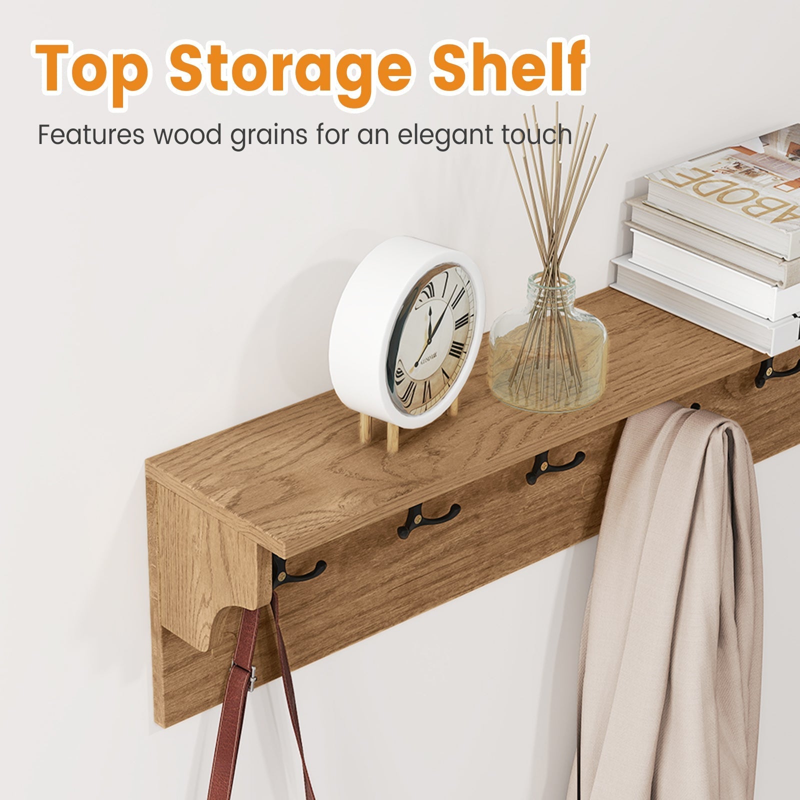 Wall Hooks with Shelf 31.5inch Wooden Coat Rack with 6 Hooks for Hats Towels Purses Robes